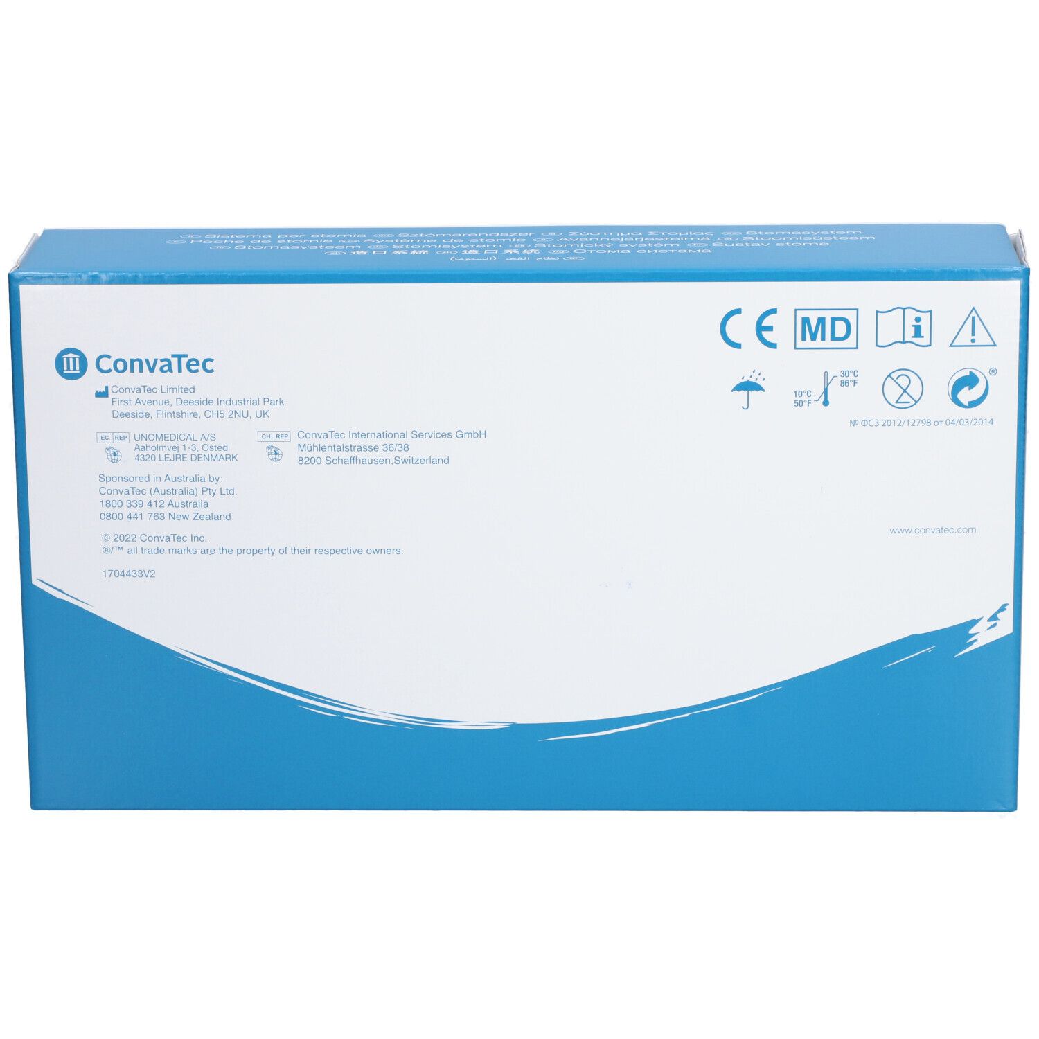 Emballage produit bleu et blanc. Logo ConvaTec et texte. Marquage CE et pictogrammes. Forme rectangulaire.