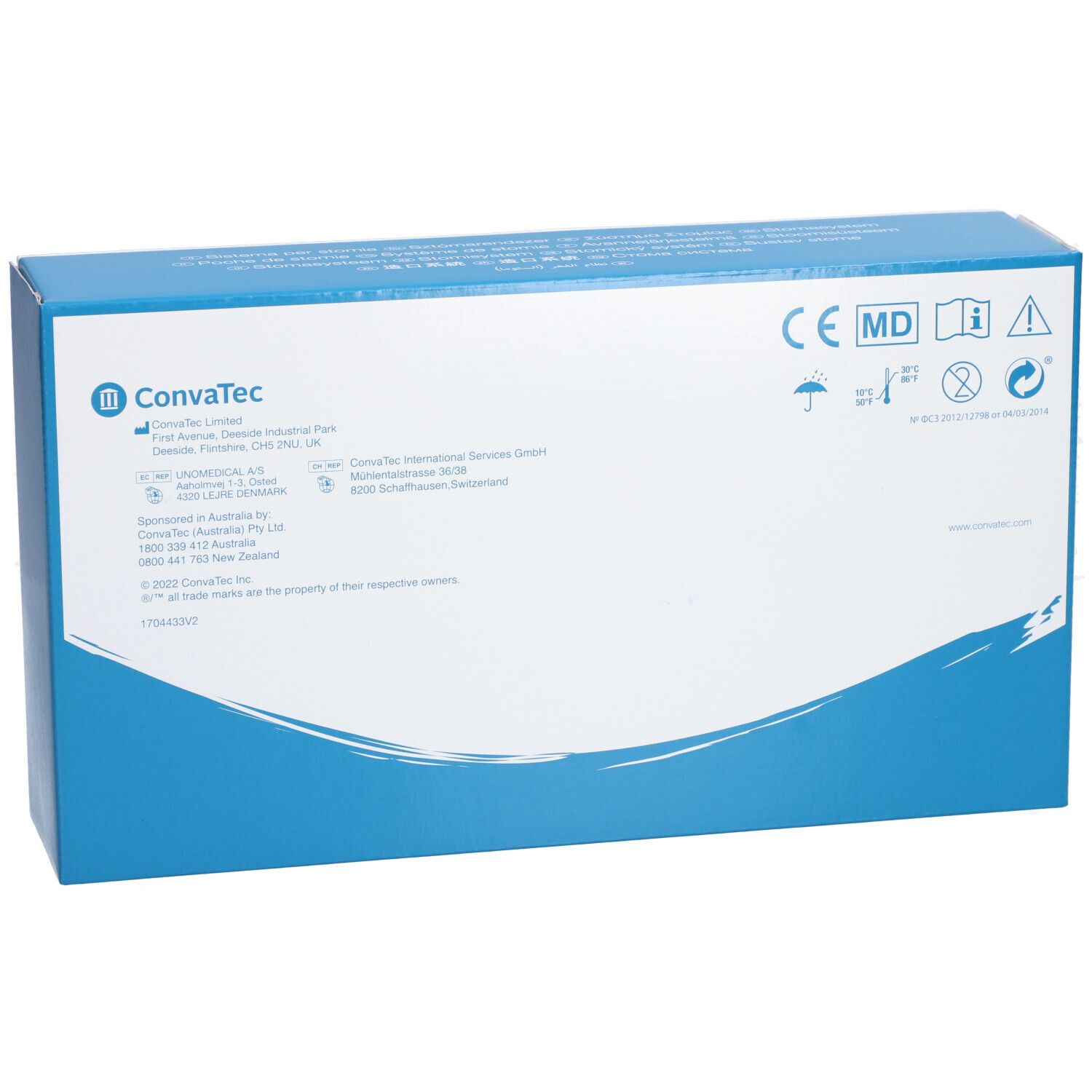 Emballage produit bleu et blanc. Logo ConvaTec et texte. Marquage CE et pictogrammes. Forme rectangulaire.