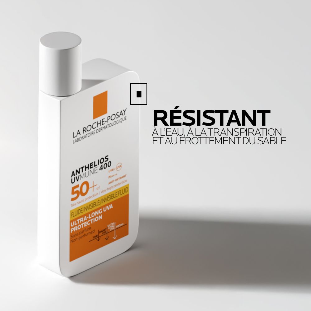 Fluide solaire La Roche-Posay Anthelios UVmune 400 : Résistant à l'eau, la transpiration, le sable.