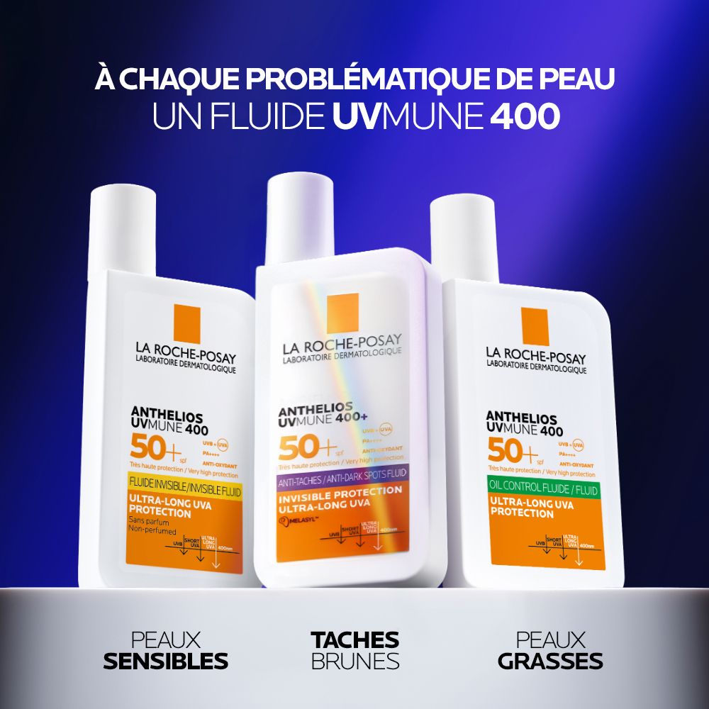 La Roche-Posay Anthelios UVmune 400 : Fluide pour peaux sensibles, taches brunes, peaux grasses.