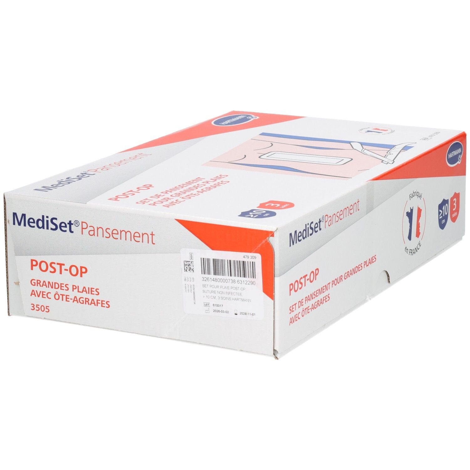 Boîte Mediset Pansement Post-Op. Set pour grandes plaies avec ôte-agrafes. Informations produit et code-barres. Logo Hartmann.