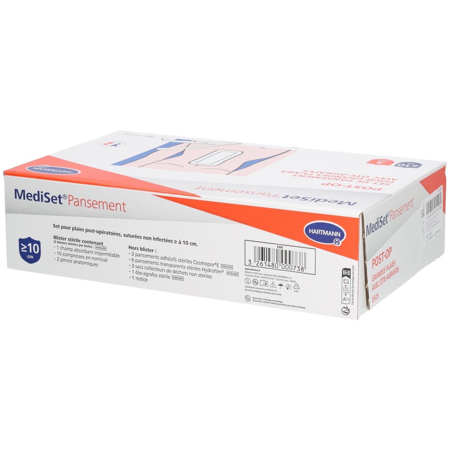 Boîte Mediset Pansement Post-Op. Set pour plaies post-opératoires. Avec ôte-agrafes. Logo Hartmann. Code-barres et informations.
