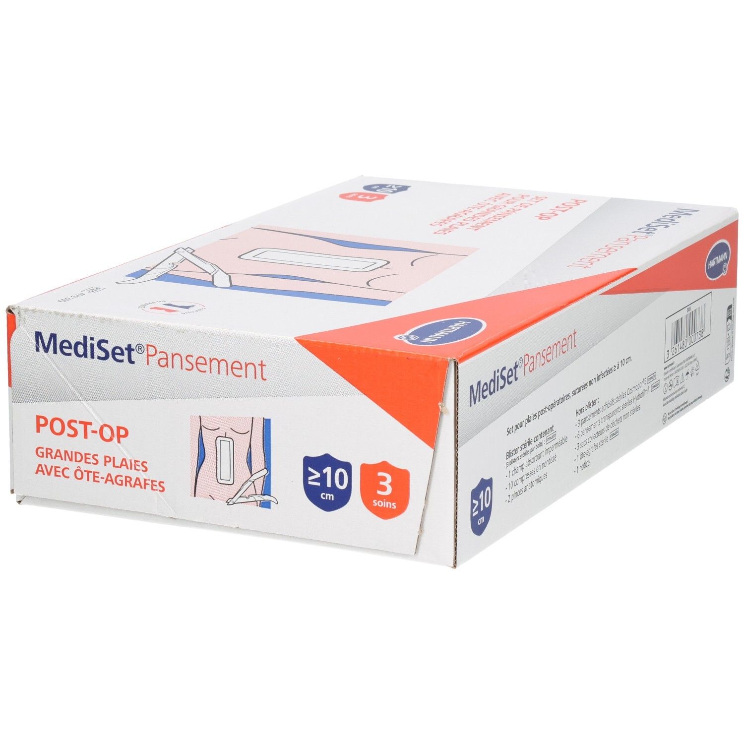 Boîte Mediset Pansement Post-Op. Set pour grandes plaies avec ôte-agrafes. Logo Hartmann. Taille minimale 10 cm, 3 pièces.