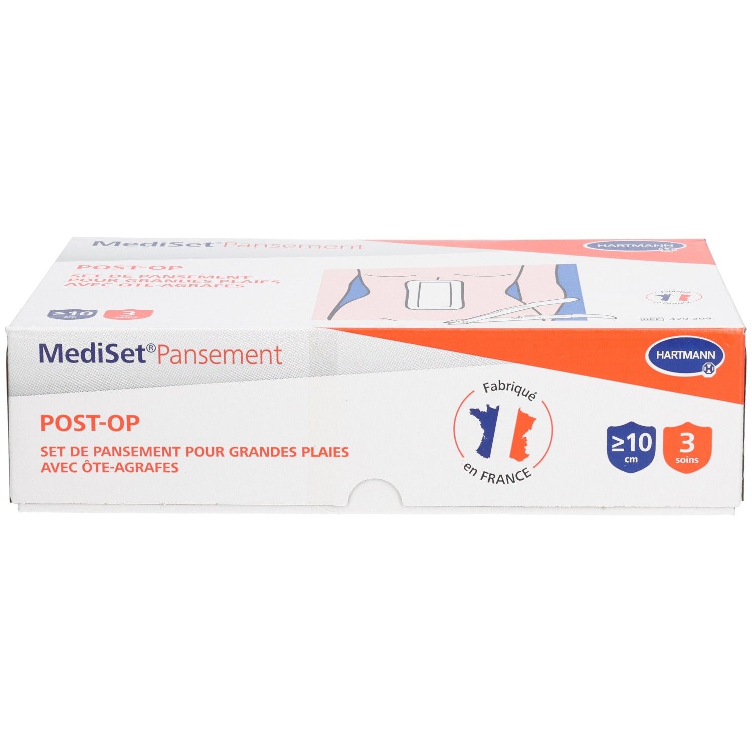 Boîte Mediset Pansement Post-Op. Set pour grandes plaies avec ôte-agrafes. Fabriqué en France. Logo Hartmann. 3 pièces.