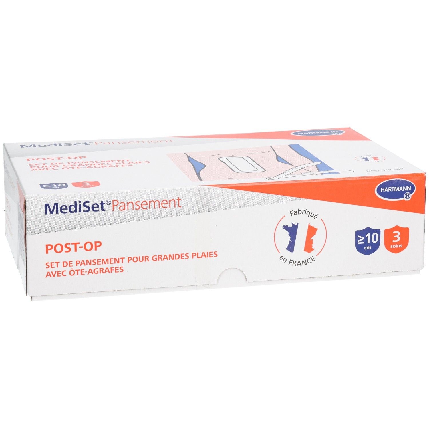 Boîte Mediset Pansement Post-Op. Set pour grandes plaies avec ôte-agrafes. Logo Hartmann. Fabriqué en France. 3 pièces.