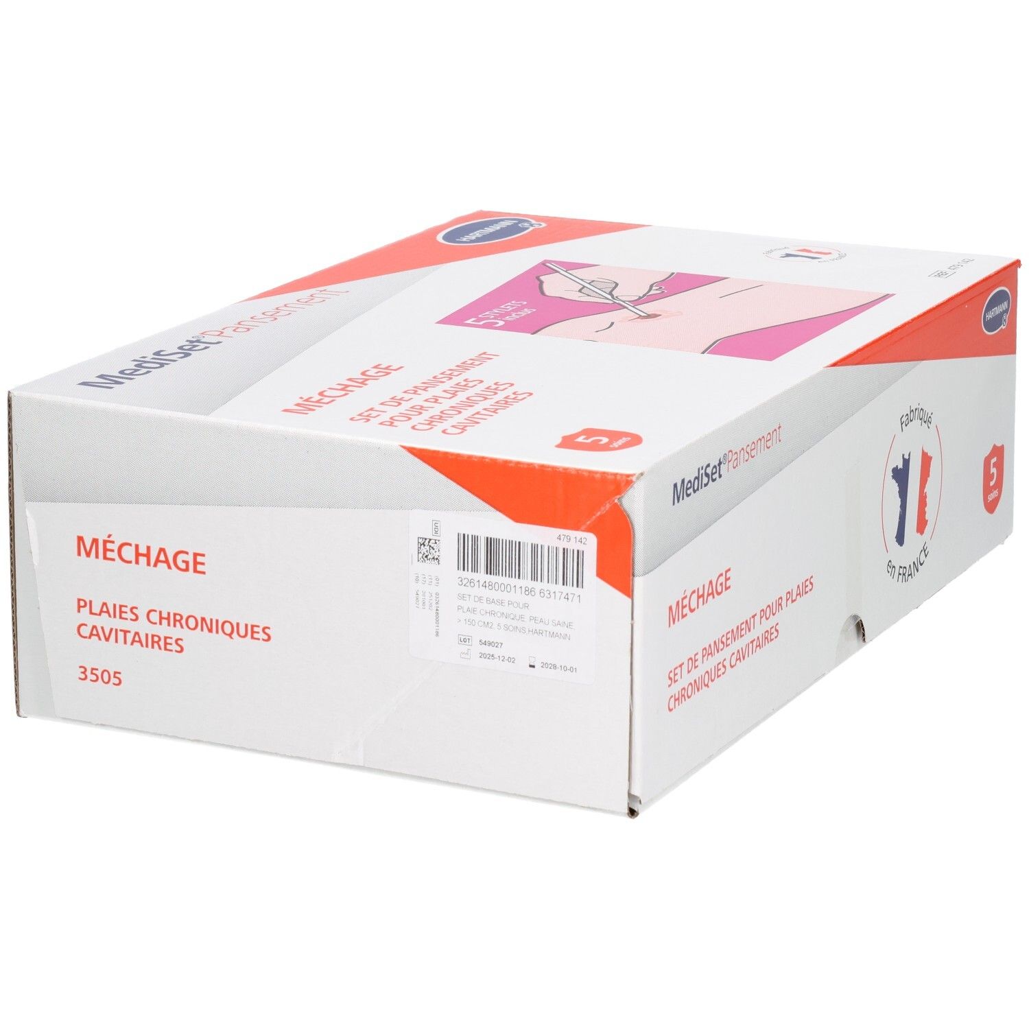 Boîte blanche avec impression du produit. Inscription : Méchage, Plaies chroniques cavitaires. Code-barres et autres informations. 5 unités.