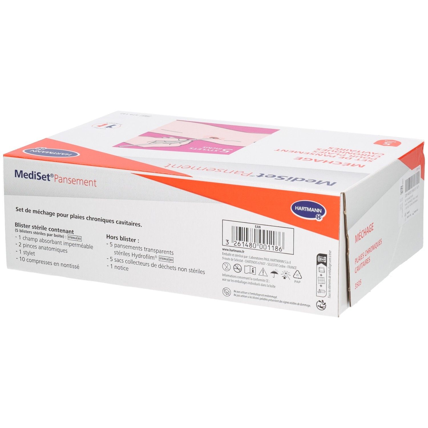 Boîte blanche avec impression du produit. Inscription : MediSet Pansement, Set de méchage pour plaies chroniques cavitaires. Contient des blisters stériles. 5 unités.