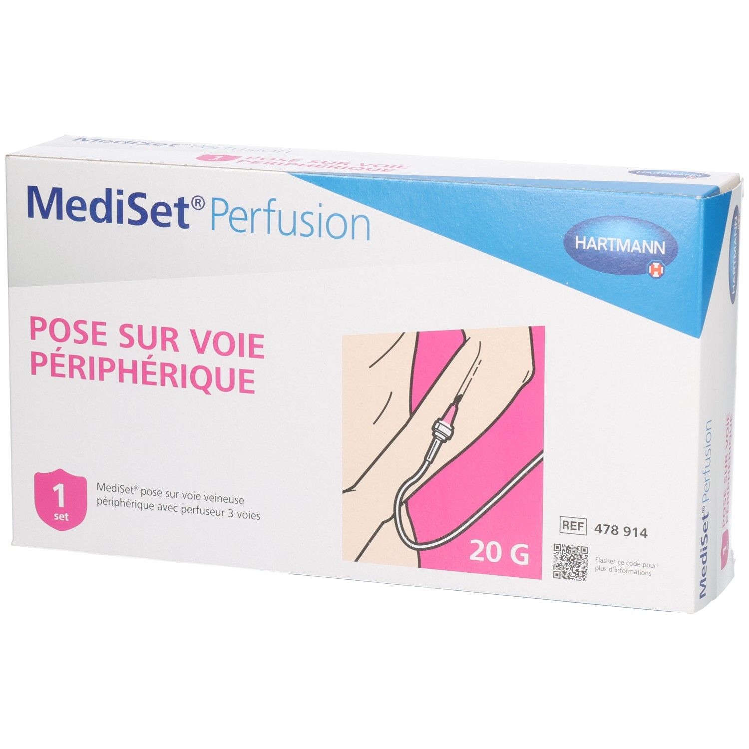 Boîte de Mediset Perfusion. Inscription : Pose sur voie périphérique. Contient des accessoires pour la pose de perfusion.