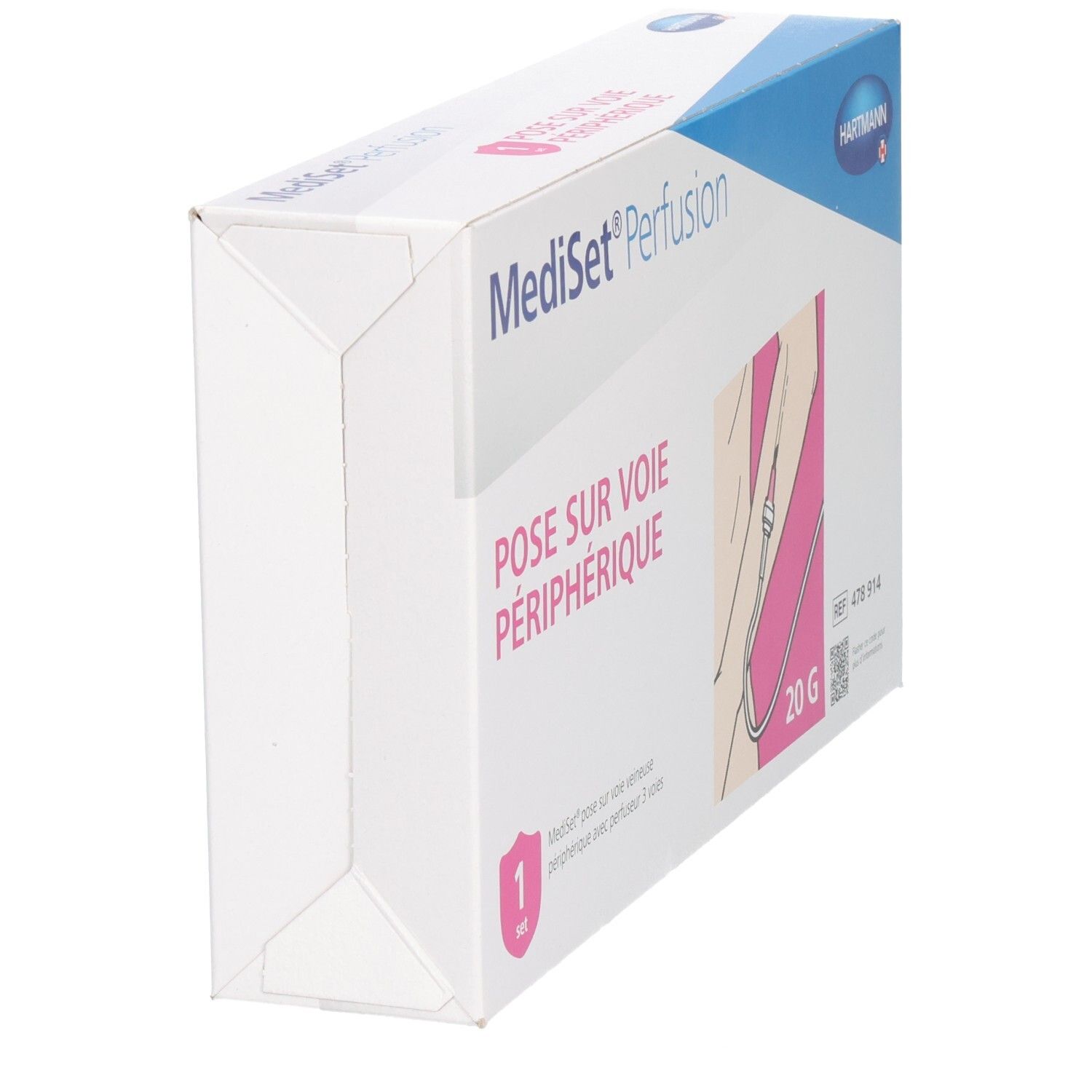 Vue latérale de la boîte Mediset Perfusion. Inscription : Pose sur voie périphérique. Marque Hartmann.