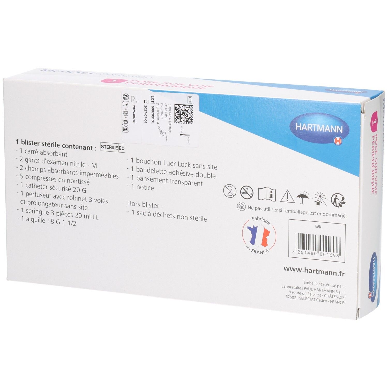 Dos de la boîte Mediset Perfusion. Liste des composants stériles et avertissements.