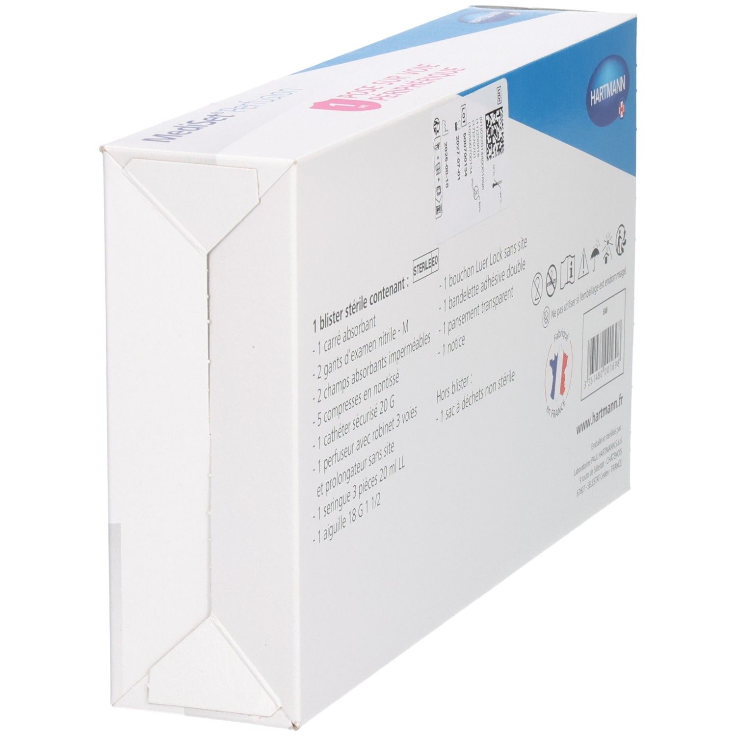 Vue latérale de la boîte Mediset Perfusion. Inscription : Liste des composants stériles et avertissements.