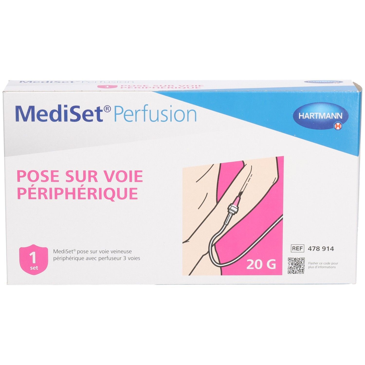Boîte Mediset Perfusion. Inscription : Pose sur voie périphérique. Illustration de l'utilisation. Marque Hartmann.