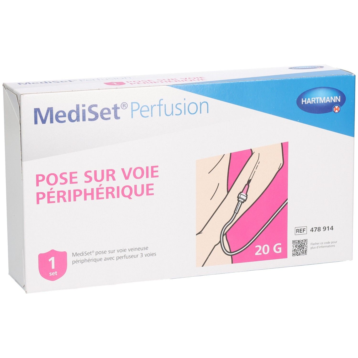 Boîte Mediset Perfusion. Inscription : Pose sur voie périphérique. Illustration de l'utilisation. Marque Hartmann.