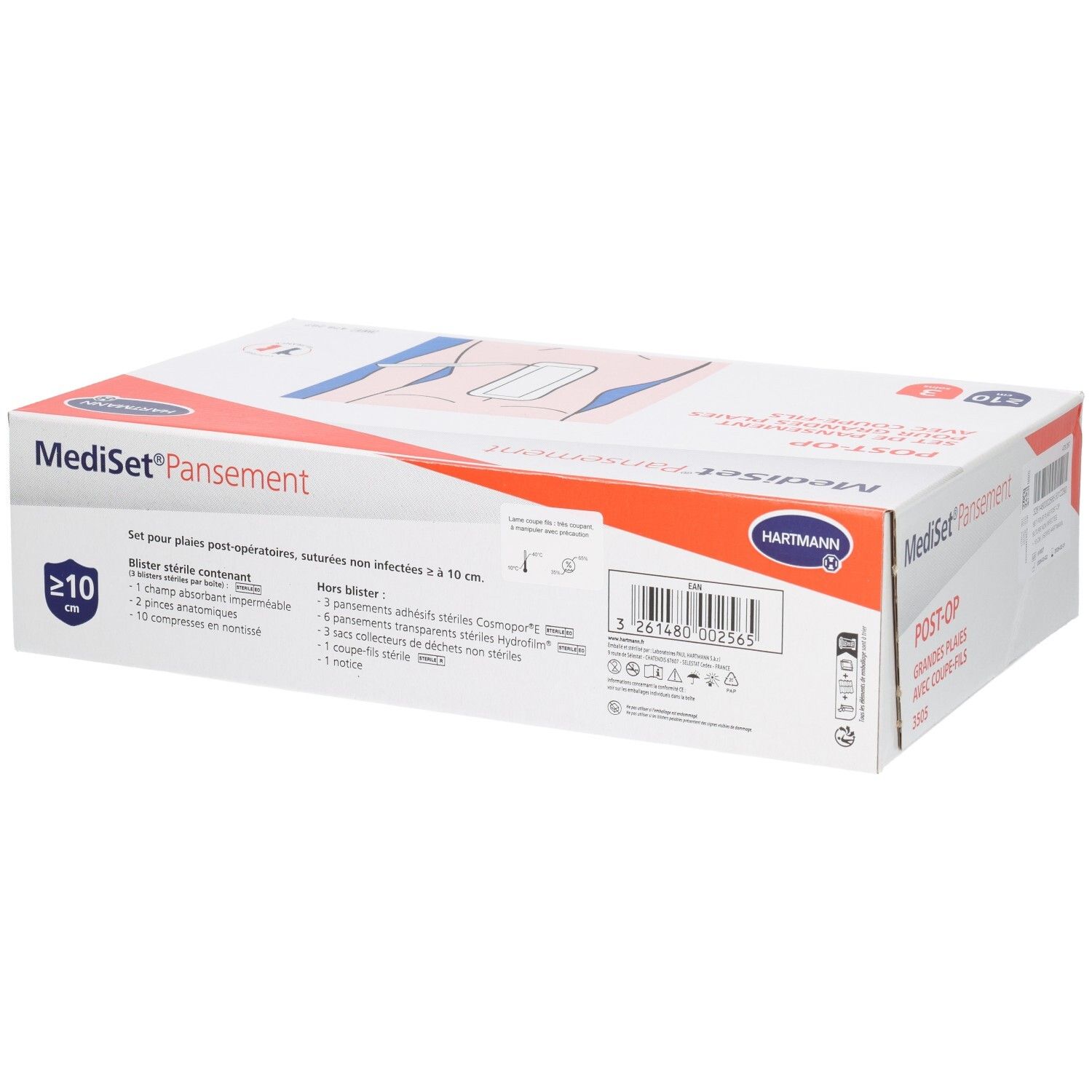 Boîte de Mediset Pansement Post-Op. Inscriptions : Set pour grandes plaies, logo Hartmann, 10 cm.