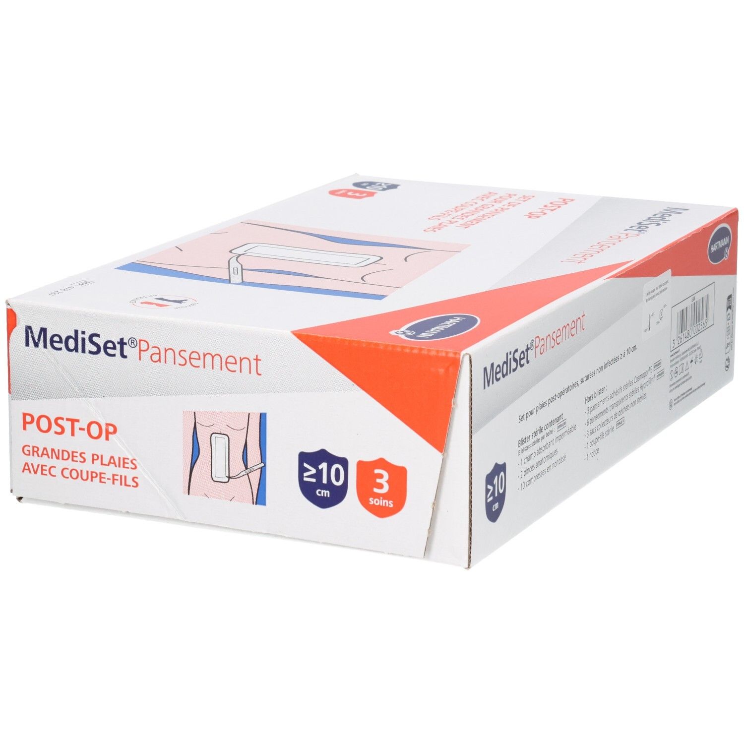 Boîte de Mediset Pansement Post-Op. Inscriptions : Set pour grandes plaies, logo Hartmann, 10 cm.