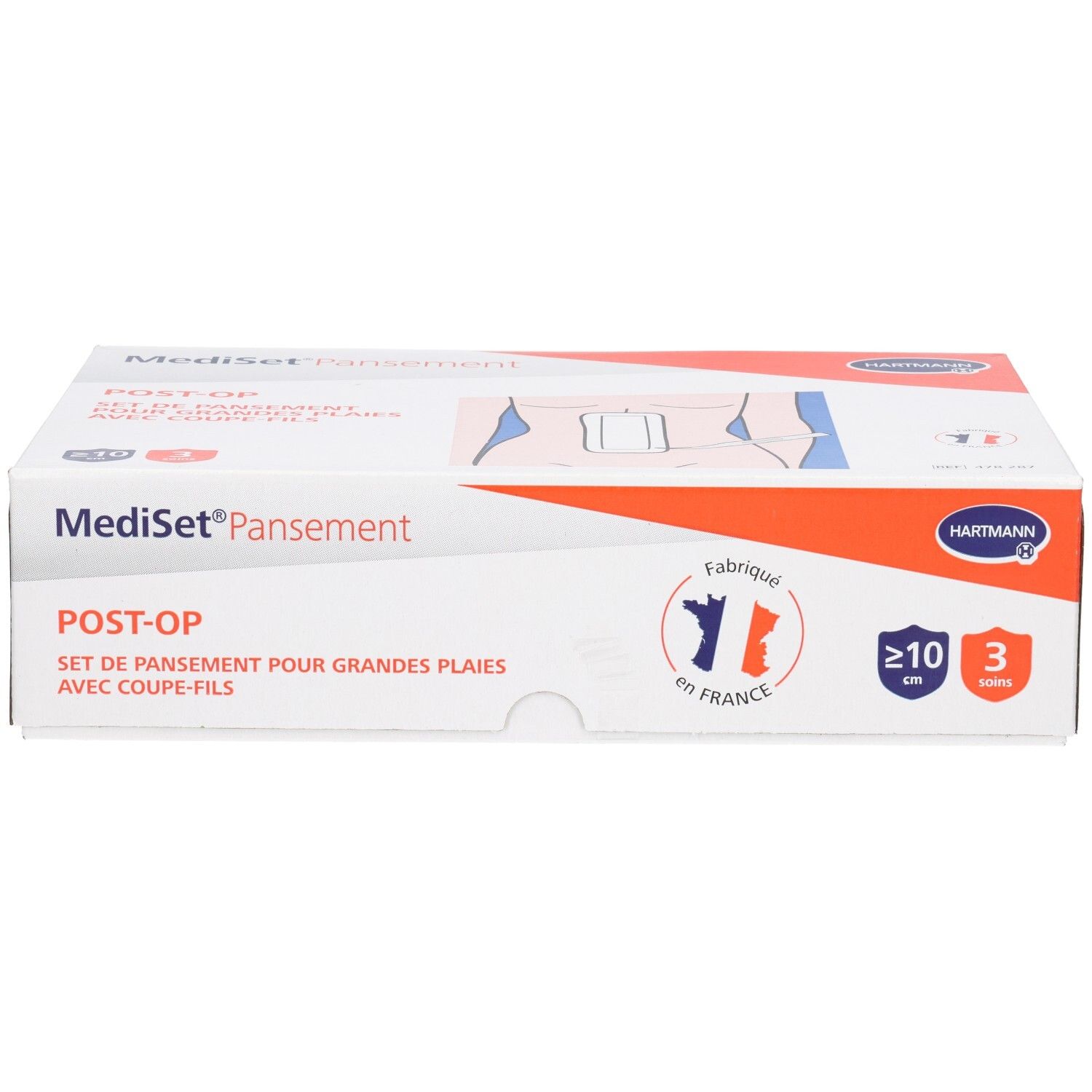 Boîte de Mediset Pansement Post-Op. Inscriptions : Set pour grandes plaies, Fabriqué en France, logo Hartmann, 10 cm.