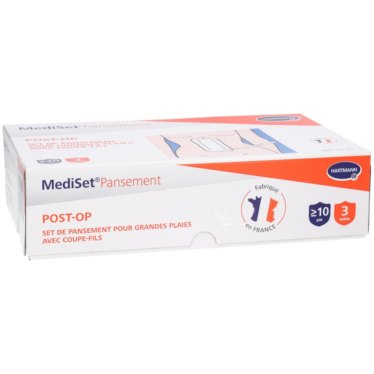 Boîte de Mediset Pansement Post-Op. Inscriptions : Set pour grandes plaies, Fabriqué en France, logo Hartmann, 10 cm.