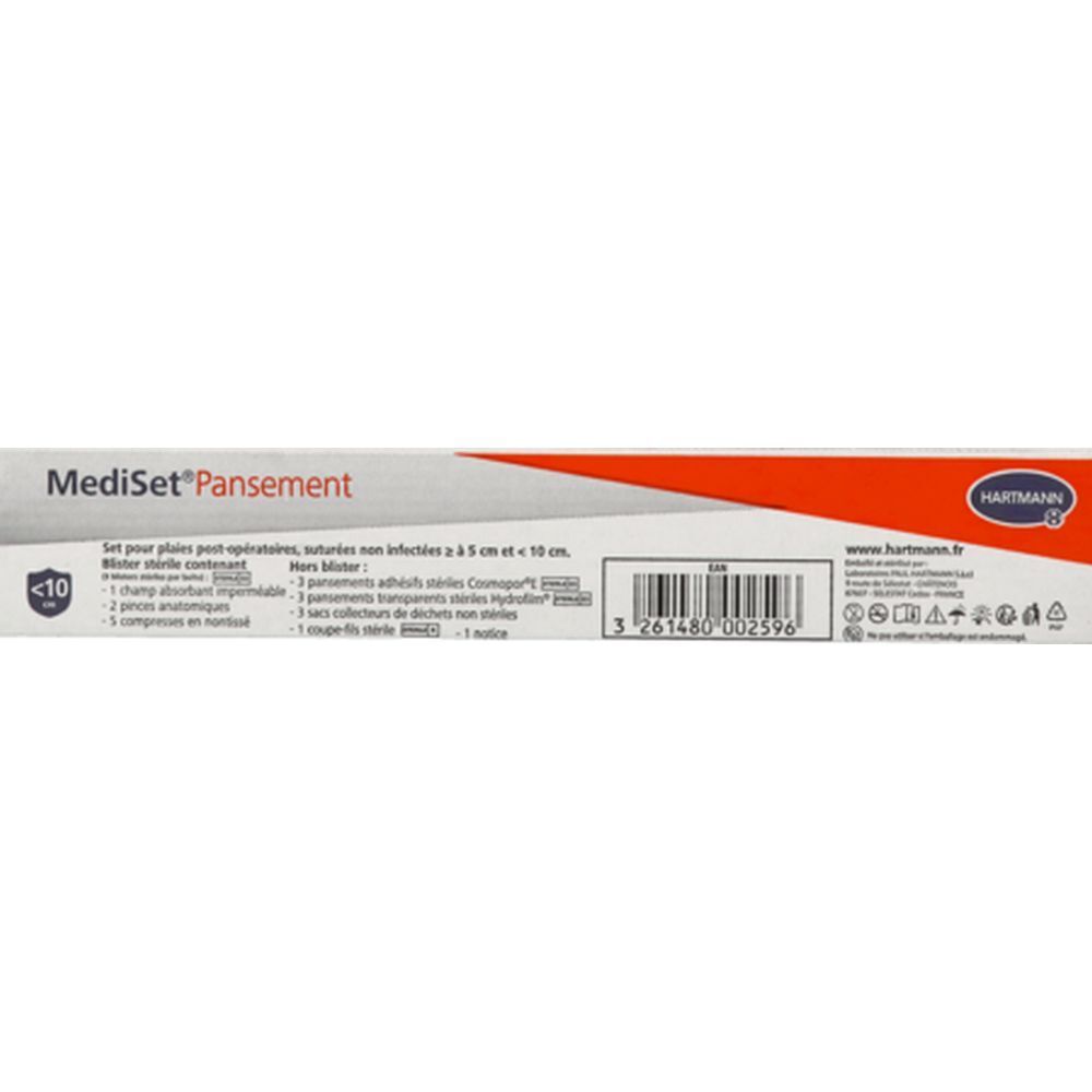 Dos de la boîte MediSet® Pansement. Contient pansements stériles, compresses, pinces anatomiques et plus. Logo Hartmann.