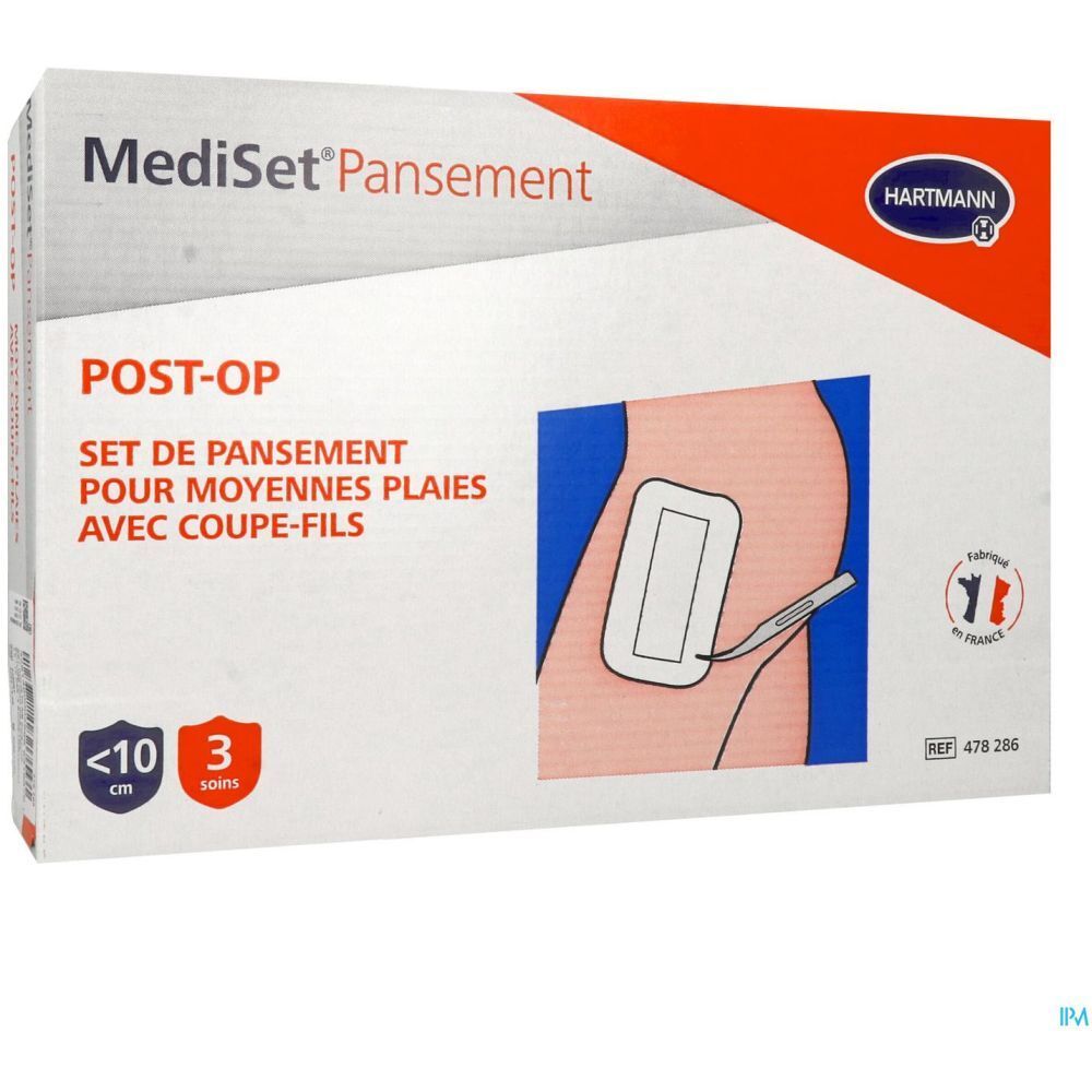 Boîte de MediSet® Pansement Post-OP. Contient pansement pour plaies moyennes avec coupe-fil. Logo Hartmann.
