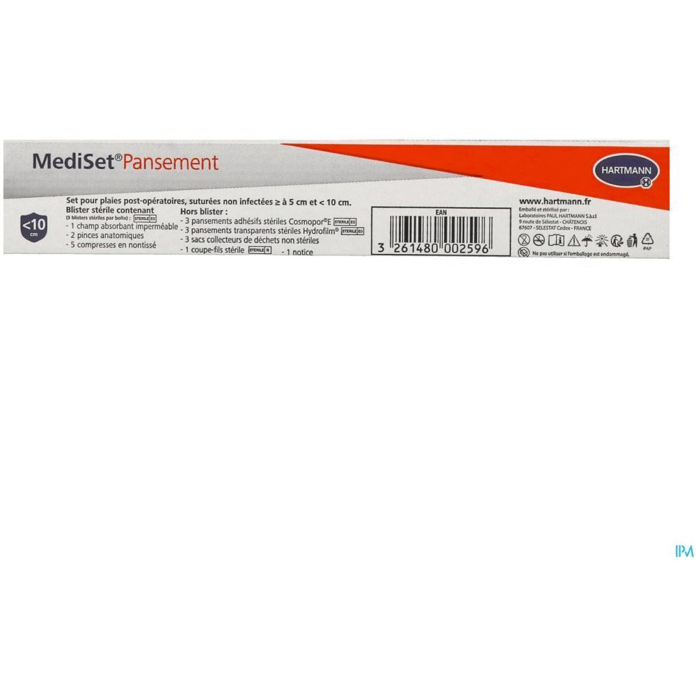 Dos de la boîte MediSet® Pansement. Contient pansements stériles, compresses, pinces anatomiques et plus. Logo Hartmann.