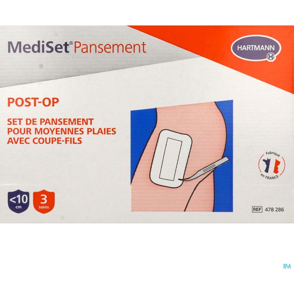Boîte de MediSet® Pansement Post-OP. Contient pansement pour plaies moyennes avec coupe-fil. Logo Hartmann.