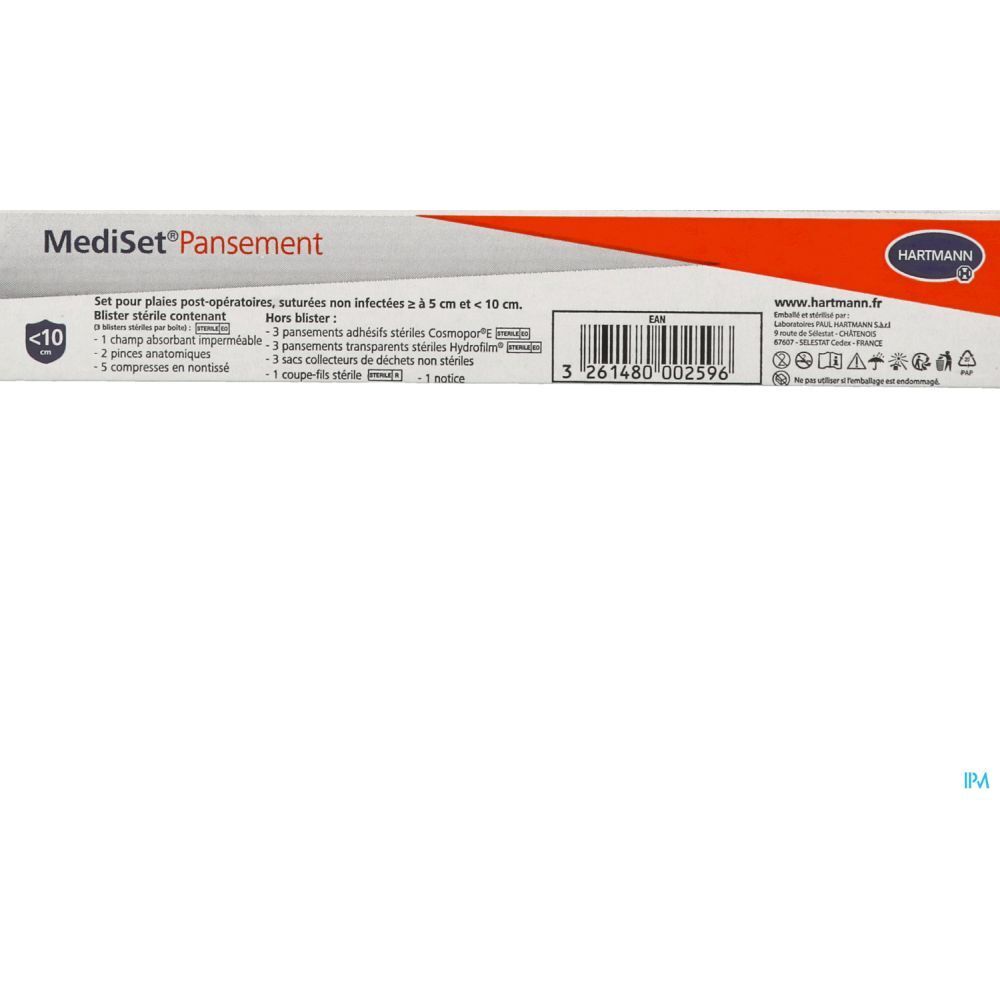 Dos de la boîte MediSet® Pansement. Contient pansements stériles, compresses, pinces anatomiques et plus. Logo Hartmann.