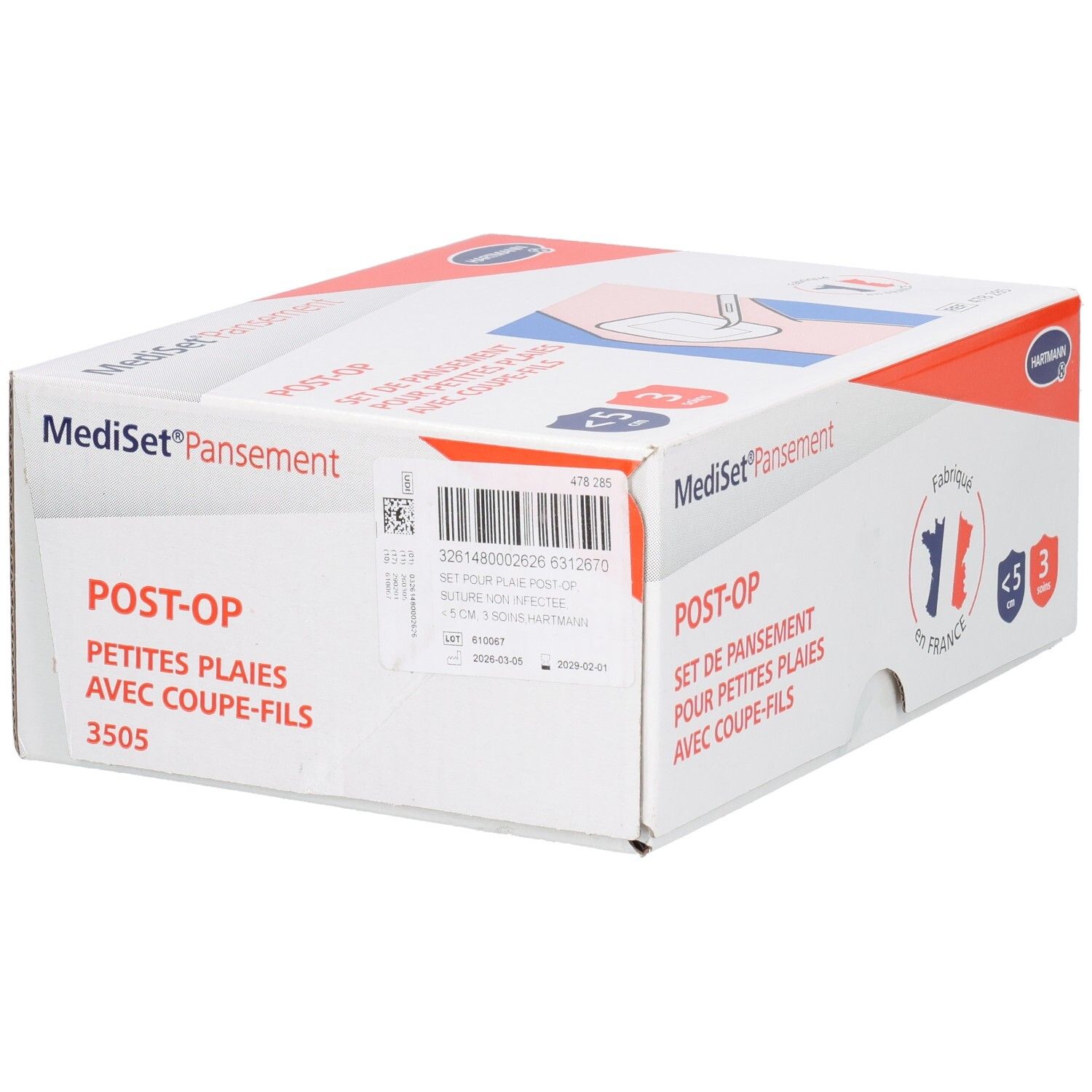 Boîte Mediset Pansement Post-Op. Blanc, orange et bleu. Texte : Post-Op, set pour petites plaies, avec coupe-fils. Code-barres.