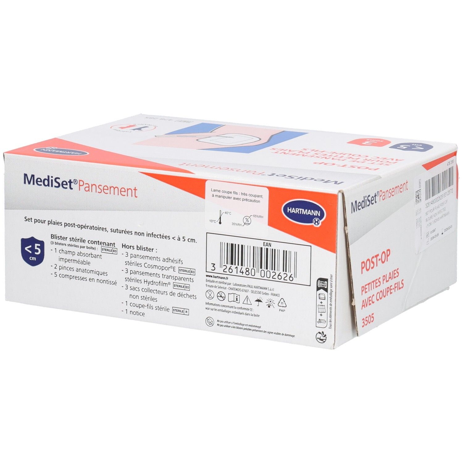 Boîte Mediset Pansement Post-Op. Blanc, orange et bleu. Texte : Post-Op, set pour petites plaies, avec coupe-fils. Contenu.