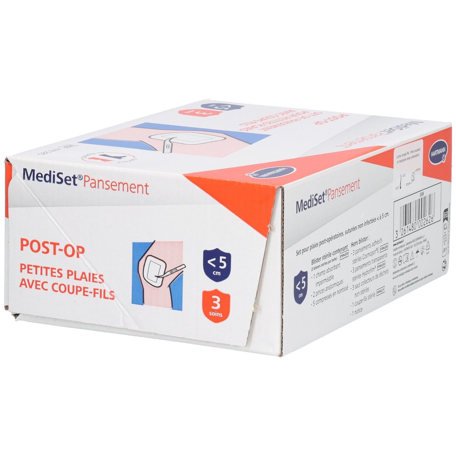 Boîte Mediset Pansement Post-Op. Blanc, orange et bleu. Texte : Post-Op, set pour petites plaies, avec coupe-fils. Hartmann.