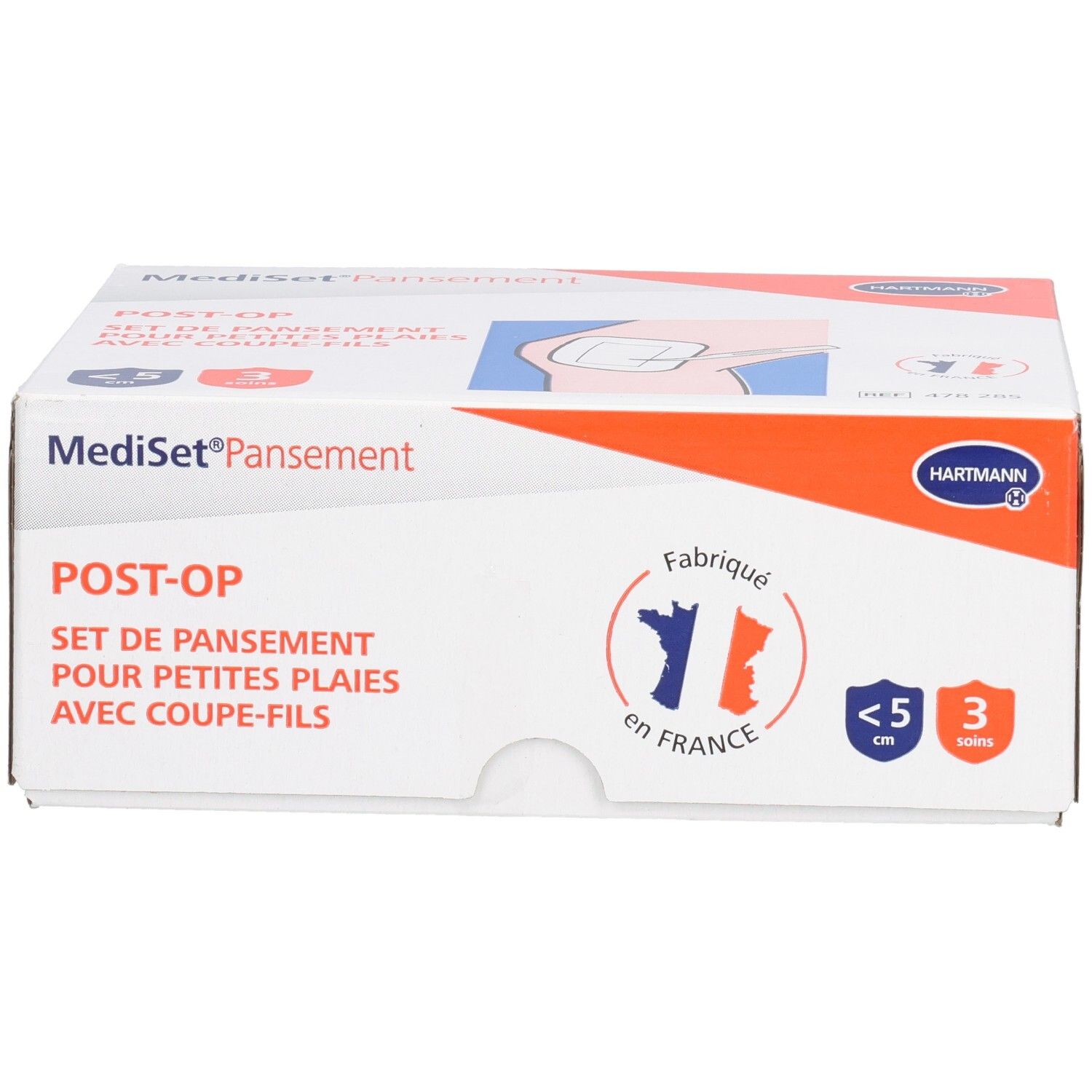 Boîte Mediset Pansement Post-Op. Blanc, orange et bleu. Texte : Post-Op, set pour petites plaies, avec coupe-fils. Hartmann.