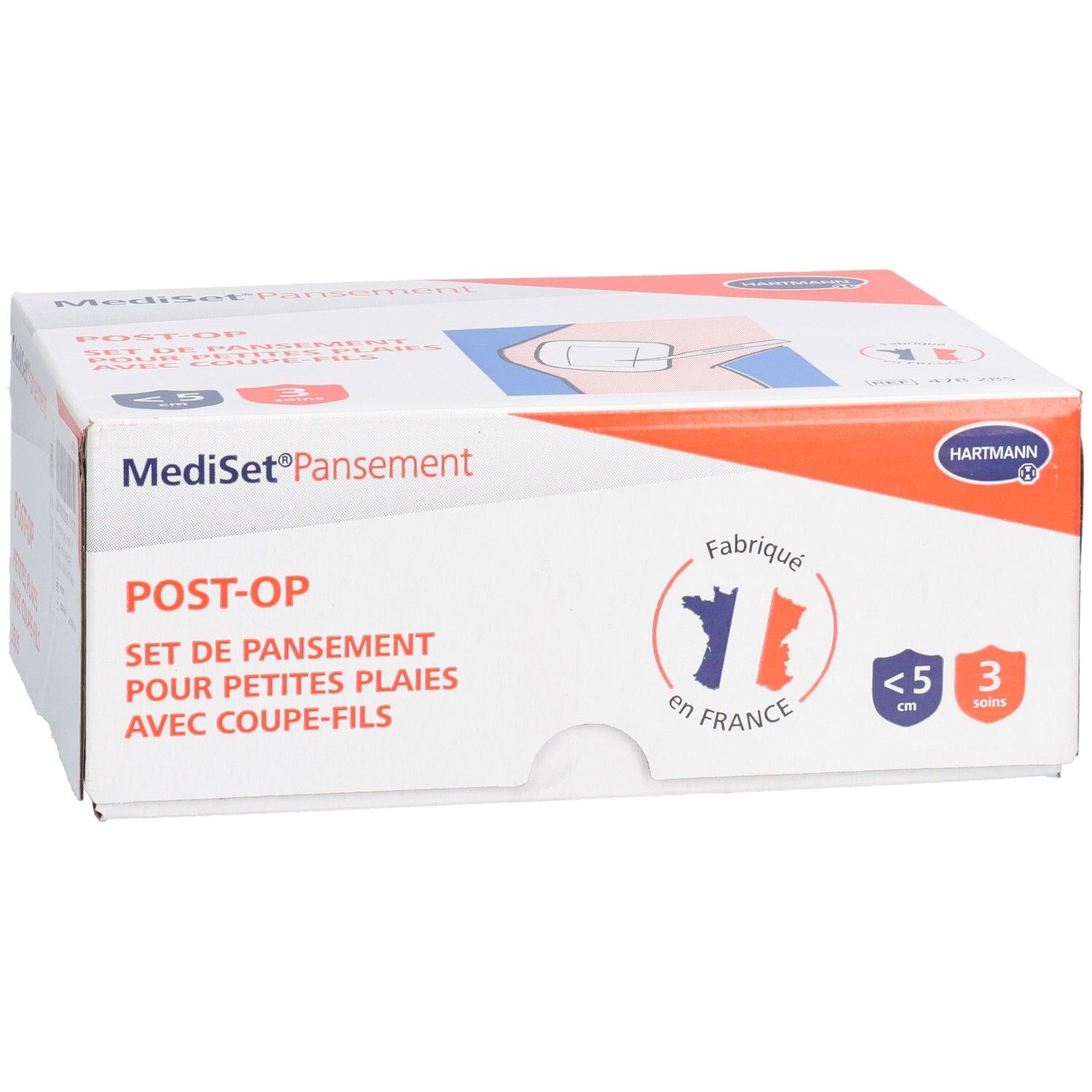 Boîte Mediset Pansement Post-Op. Blanc, orange et bleu. Texte : Post-Op, set pour petites plaies, avec coupe-fils. Hartmann.