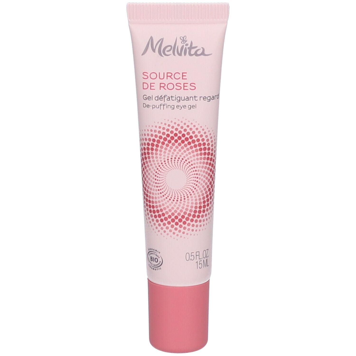 Gel contour des yeux rose en tube. Marque et nom du produit visibles. Certification bio.