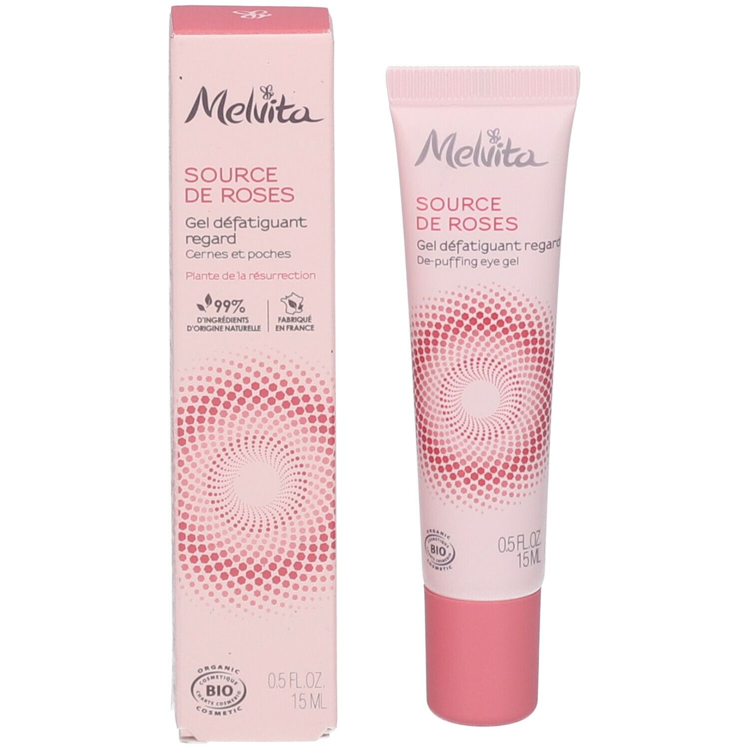 Emballage du produit avec tube et boîte. Coloris rose. Marque et nom du produit visibles. Certification bio.