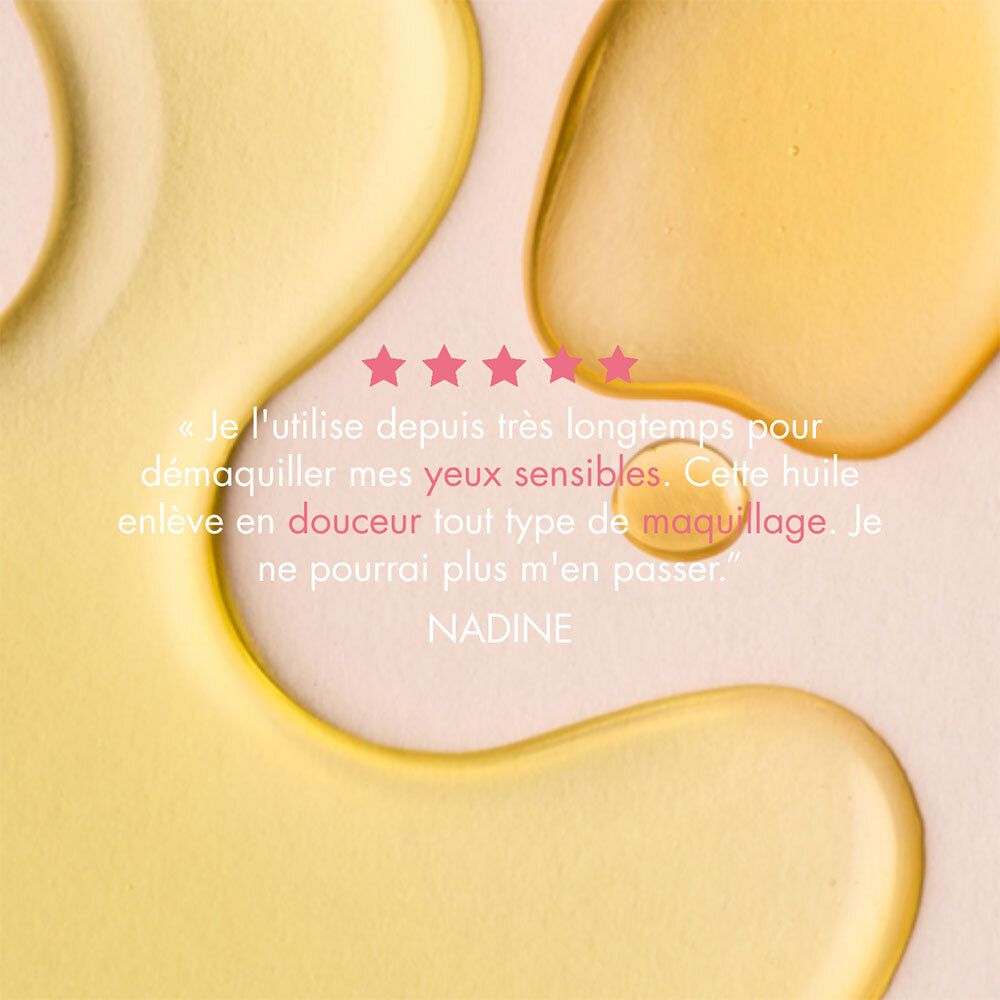Liquide jaune avec étoiles. Texte: Citation de Nadine. Étoiles. Texte: Je l'utilise depuis longtemps...