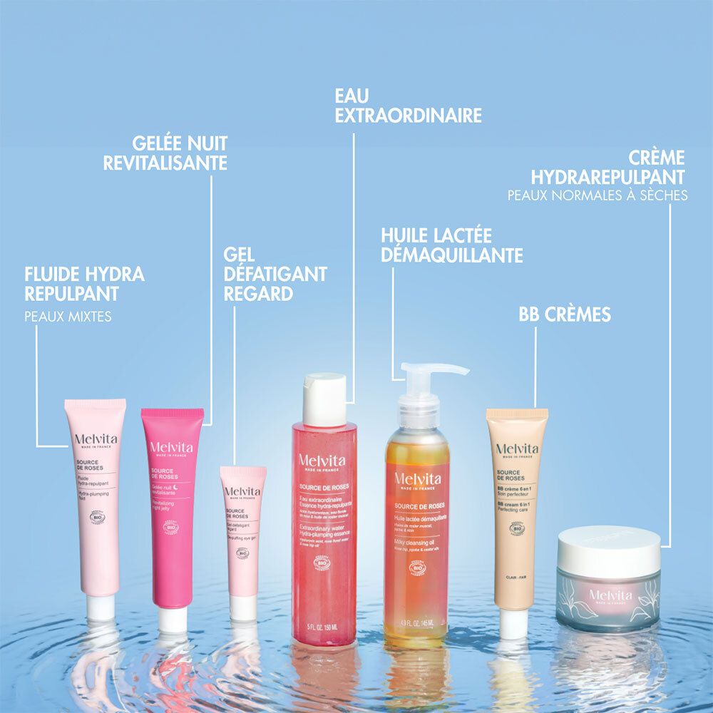Gamme de produits. Texte: Melvita, Flui, Gel, Huile lactée démaquillante, Crème, BB Crèmes, Eau Extraordinaire.
