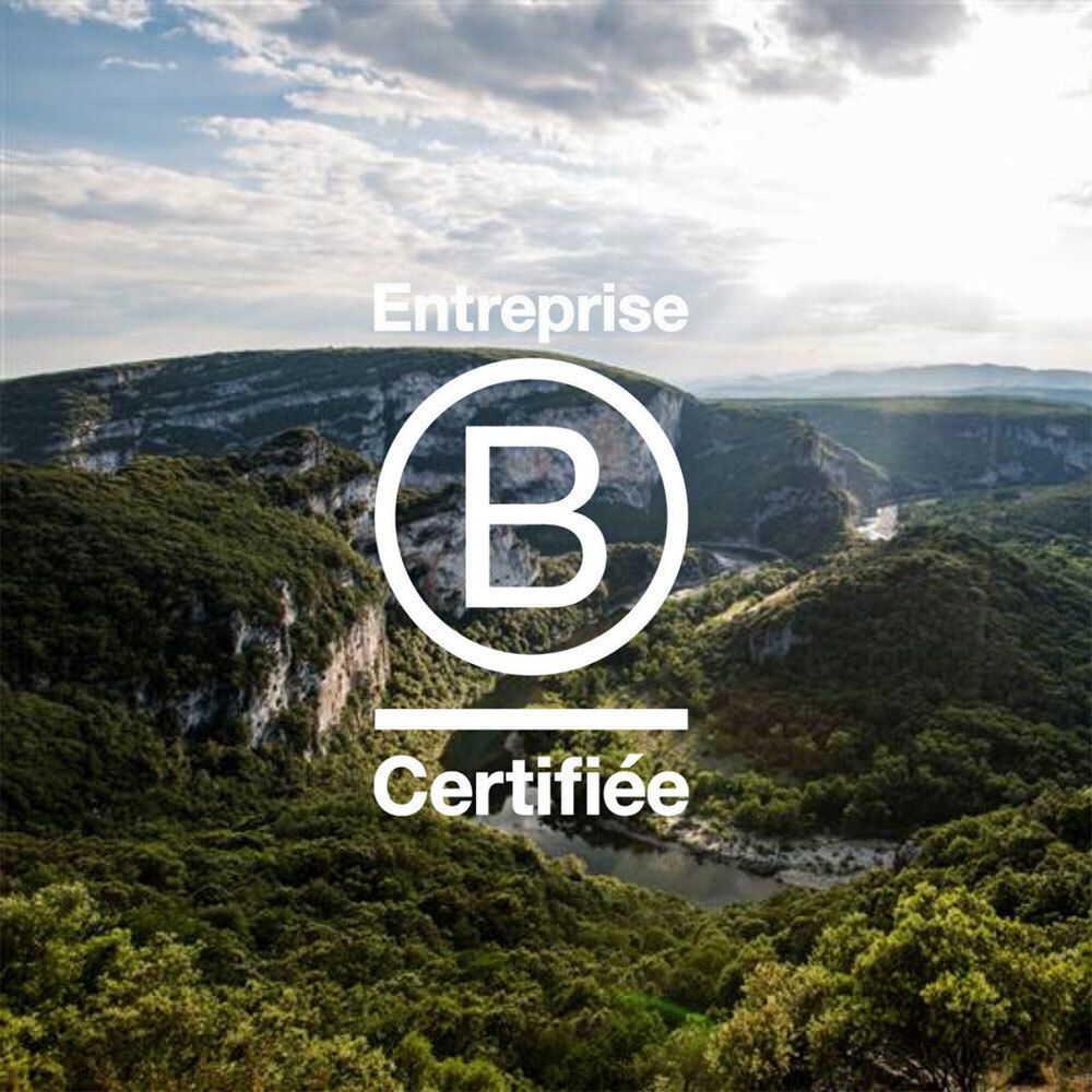Paysage avec montagnes. Texte: Entreprise B Certifiée.