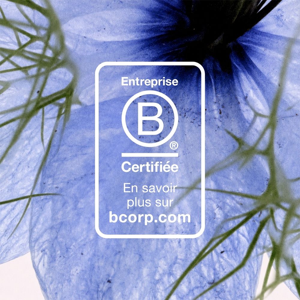 Logo de certification B Corp pour entreprise, soulignant la responsabilité sociale et environnementale de Melvita.