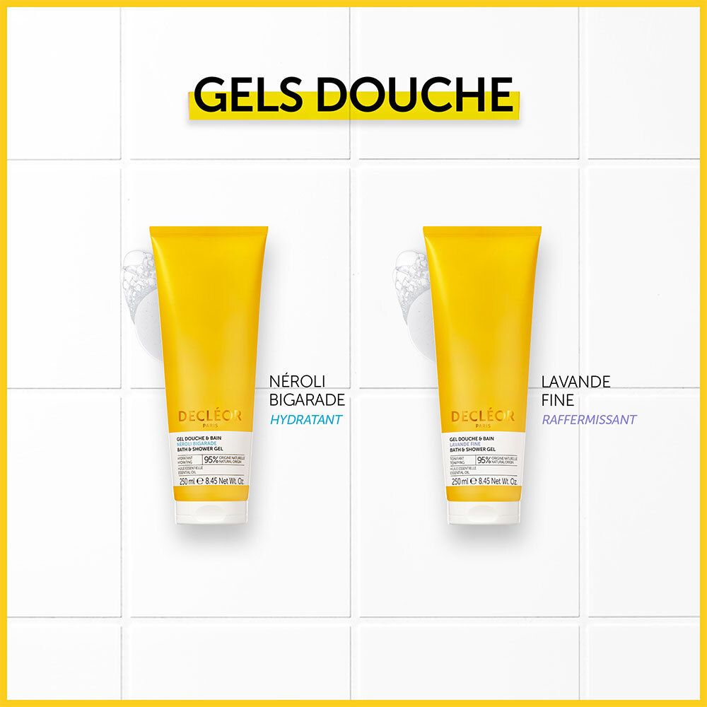 Deux tubes de gel douche jaunes. Gauche : NÉROLI BIGARADE. Droite : LAVANDE FINE. Avec logo Decléor. Fond carrelé.
