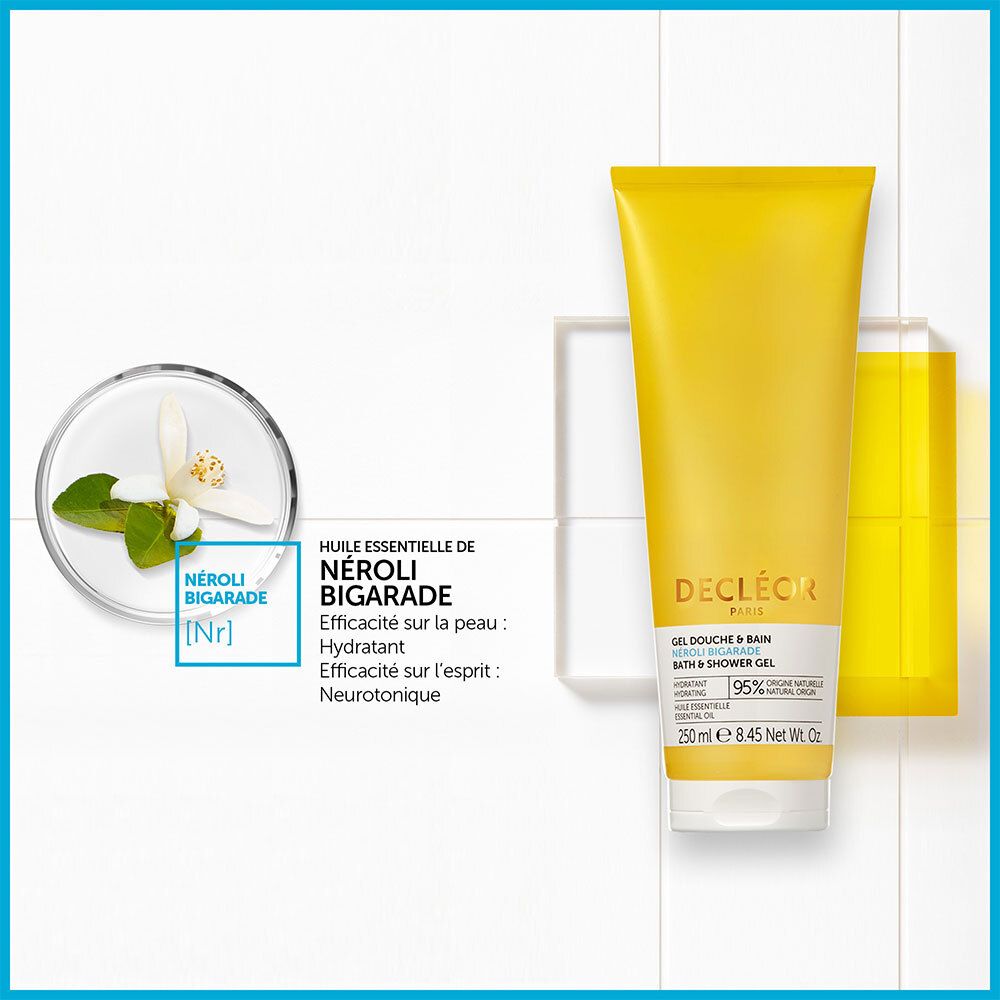 Tube de gel douche jaune. Logo Decléor. NÉROLI BIGARADE. Sur fond blanc. Avec illustration de fleurs et huile.