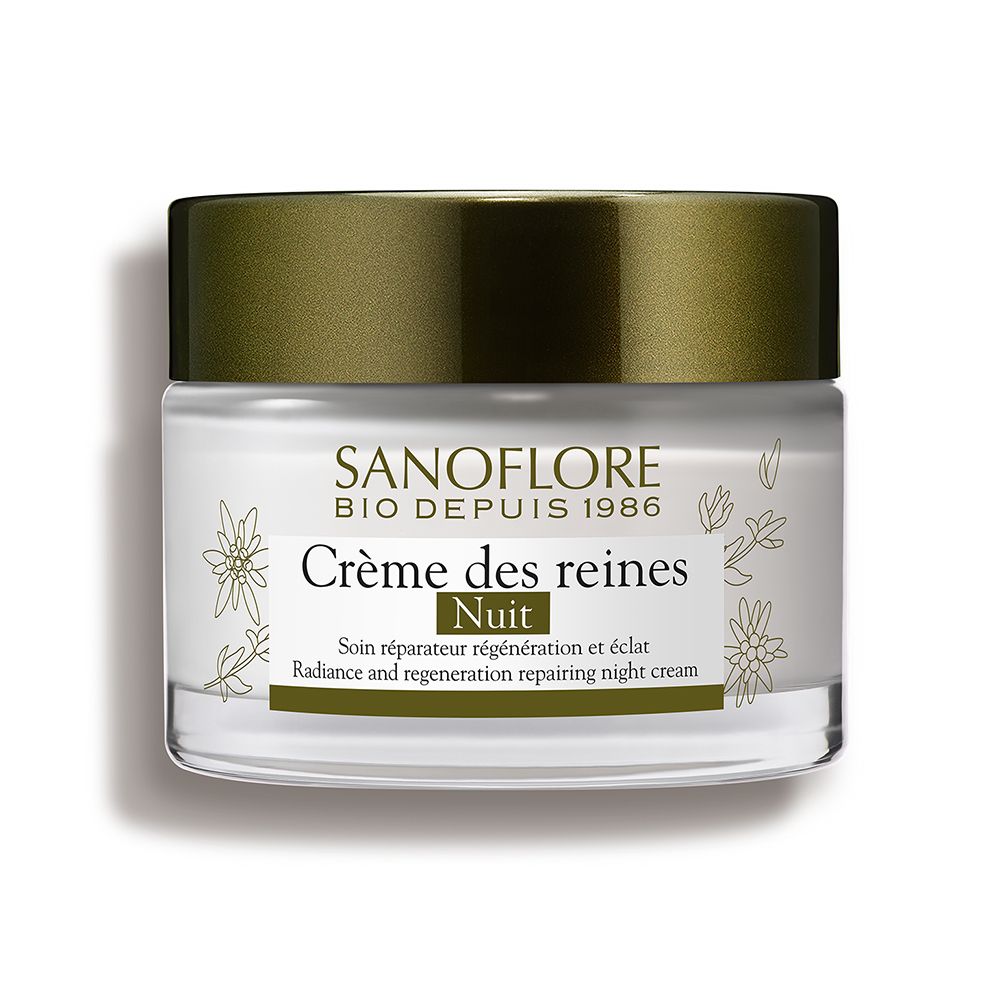 Pot de crème Sanoflore Crème des reines Nuit. Couvercle doré. Label bio visible.