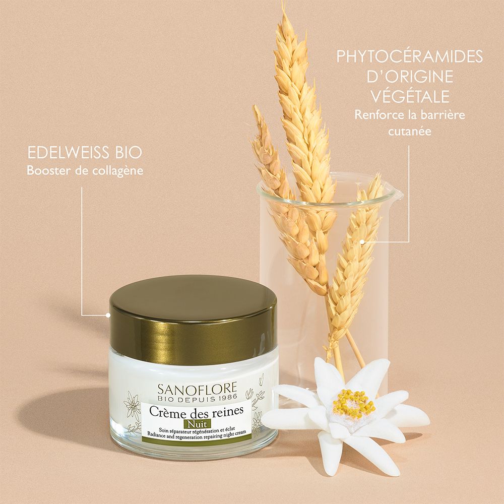 Pot de crème, épis de blé et edelweiss. Texte: Sanoflore Crème des reines Nuit.
