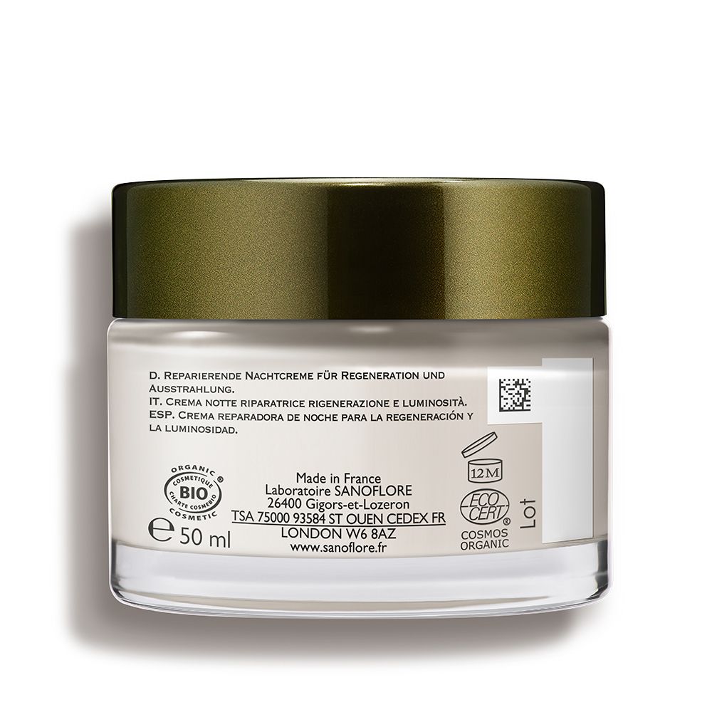 Dos du pot de crème. Texte: Crème de nuit réparatrice. Certification bio.