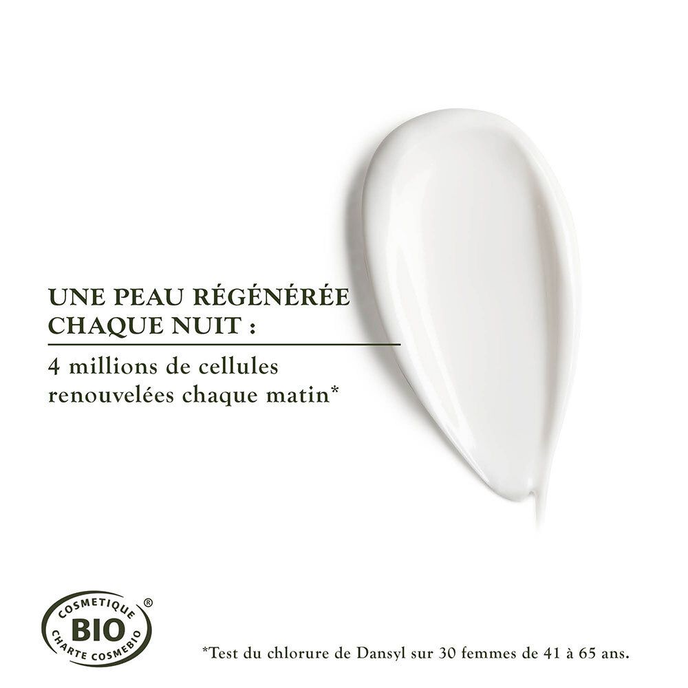Goutte de crème. Texte: Peau régénérée chaque nuit. Certification bio.