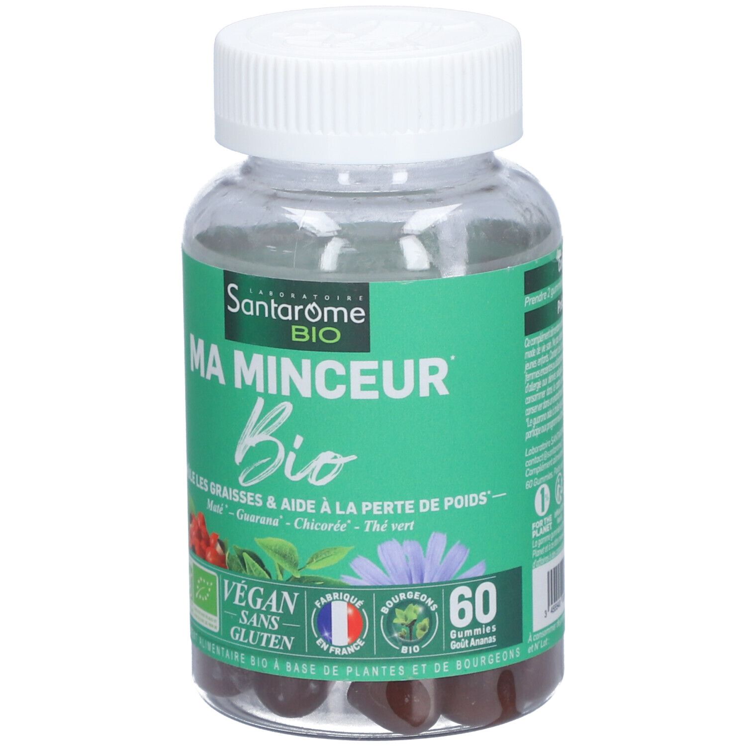 Avant de la boîte Santarome Ma Minceur Bio Gummis avec conseils d'utilisation.