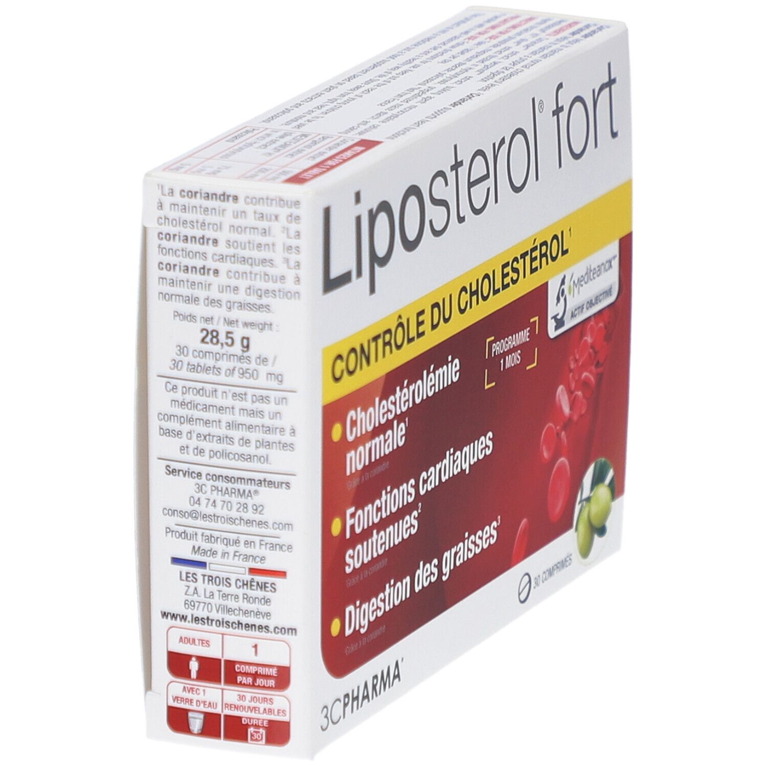 Boîte Liposterol fort, vue latérale. Texte: Contrôle du cholestérol. Contient 30 comprimés. Marque: 3C Pharma.
