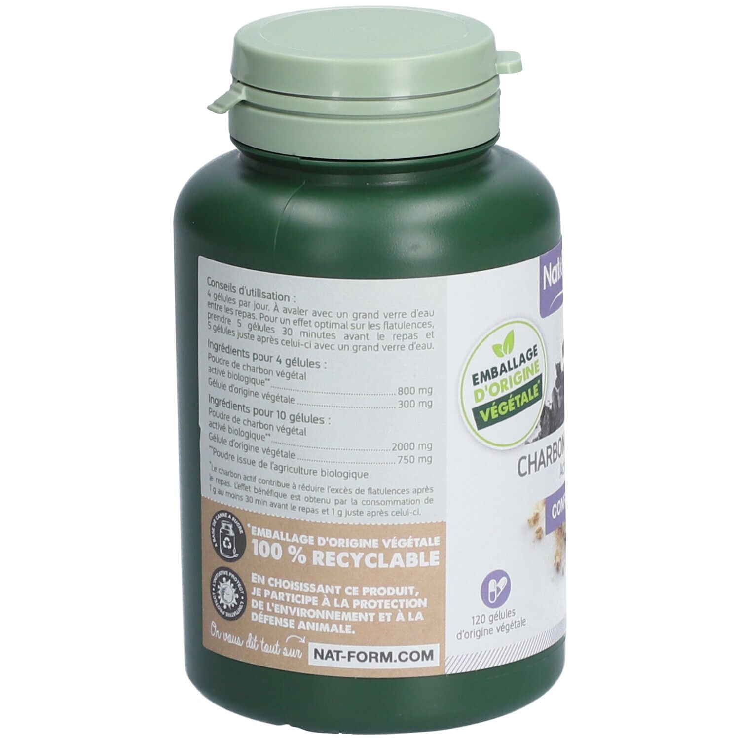 Dos du flacon vert. Texte: Conseils d'utilisation, ingrédients. Label: 100% recyclable. Marque: NAT-FORM.