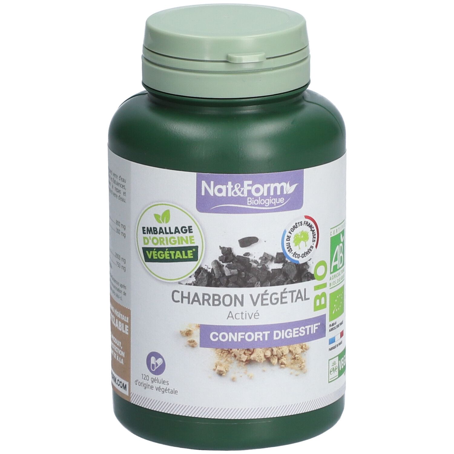 Flacon vert de gélules. Inscription: Charbon Végétal Actif, Confort Digestif. Labels Bio et Vegan.