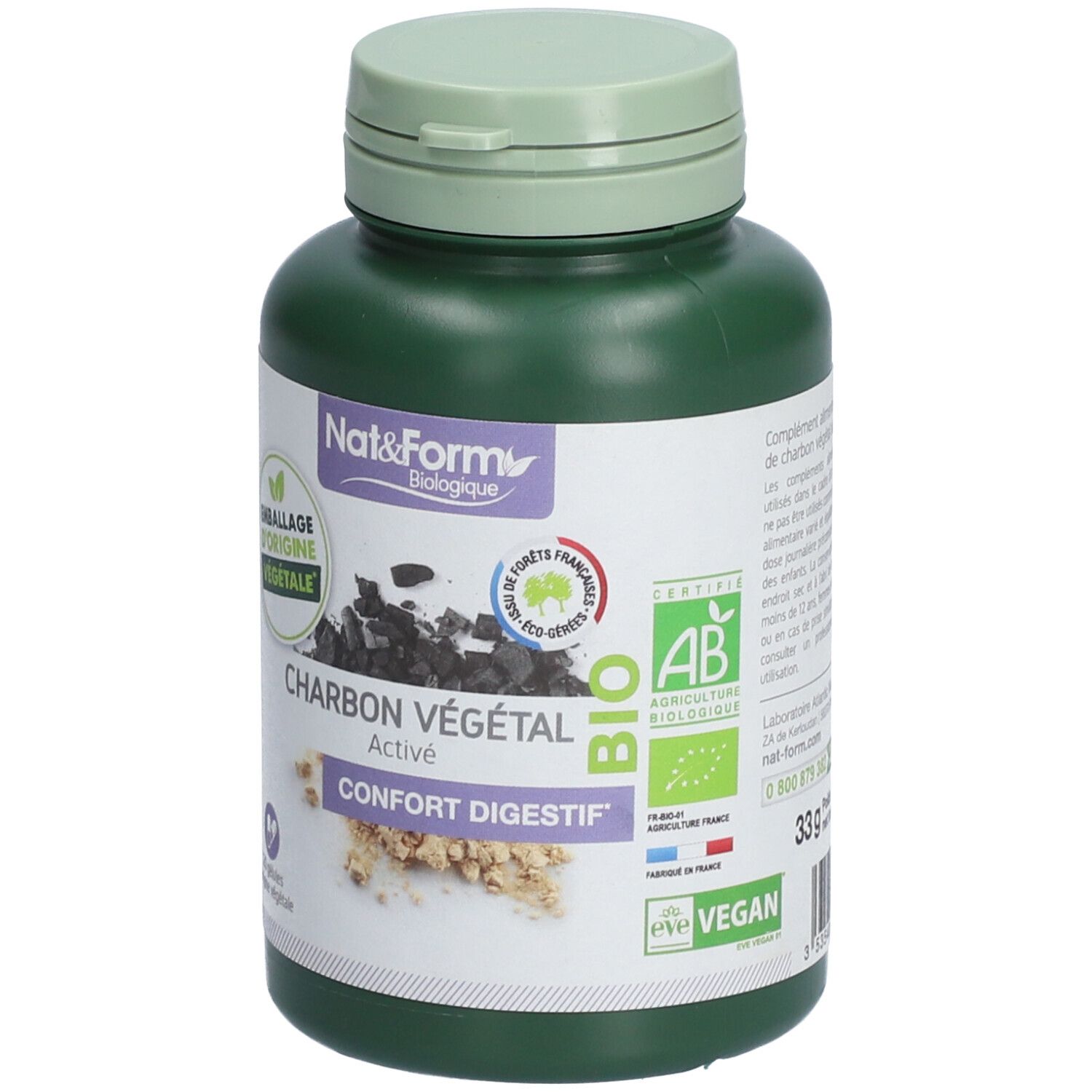 Flacon vert de gélules. Inscription: Charbon Végétal Actif, Confort Digestif. Labels Bio et Vegan.