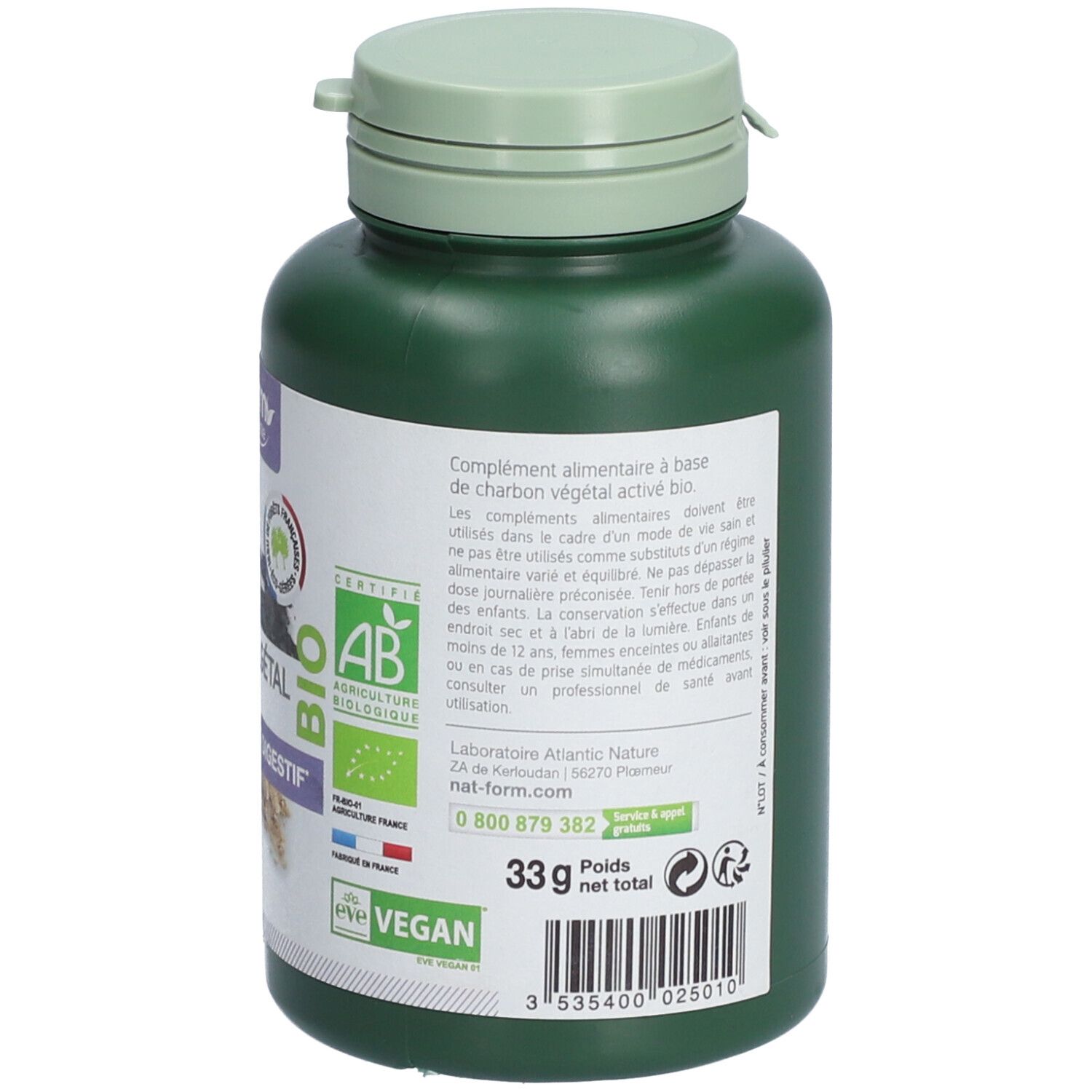 Dos du flacon vert. Texte: Complément alimentaire. Labels Bio et Vegan. Poids net: 33g.