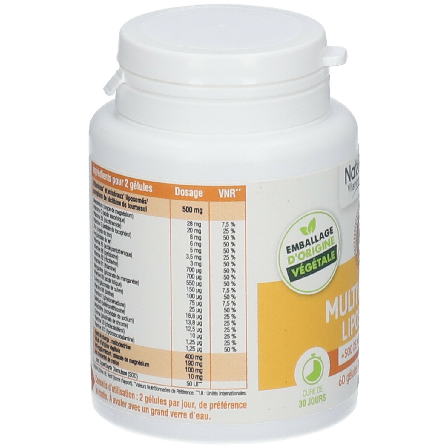 Dos du flacon blanc. Liste des ingrédients et valeurs nutritionnelles pour 2 gélules. Contient vitamines et minéraux.